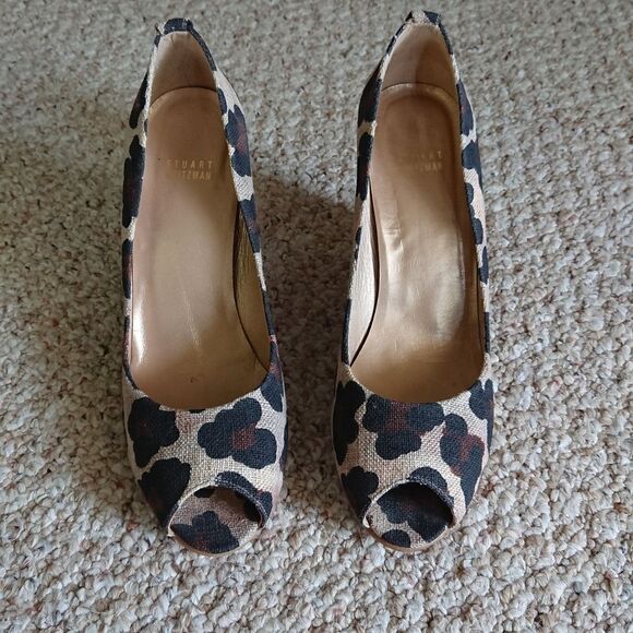 Stuart Weitzman fabric Leopard flowers Print Peep Toe wedges Size 10M - Picture 2 of 12